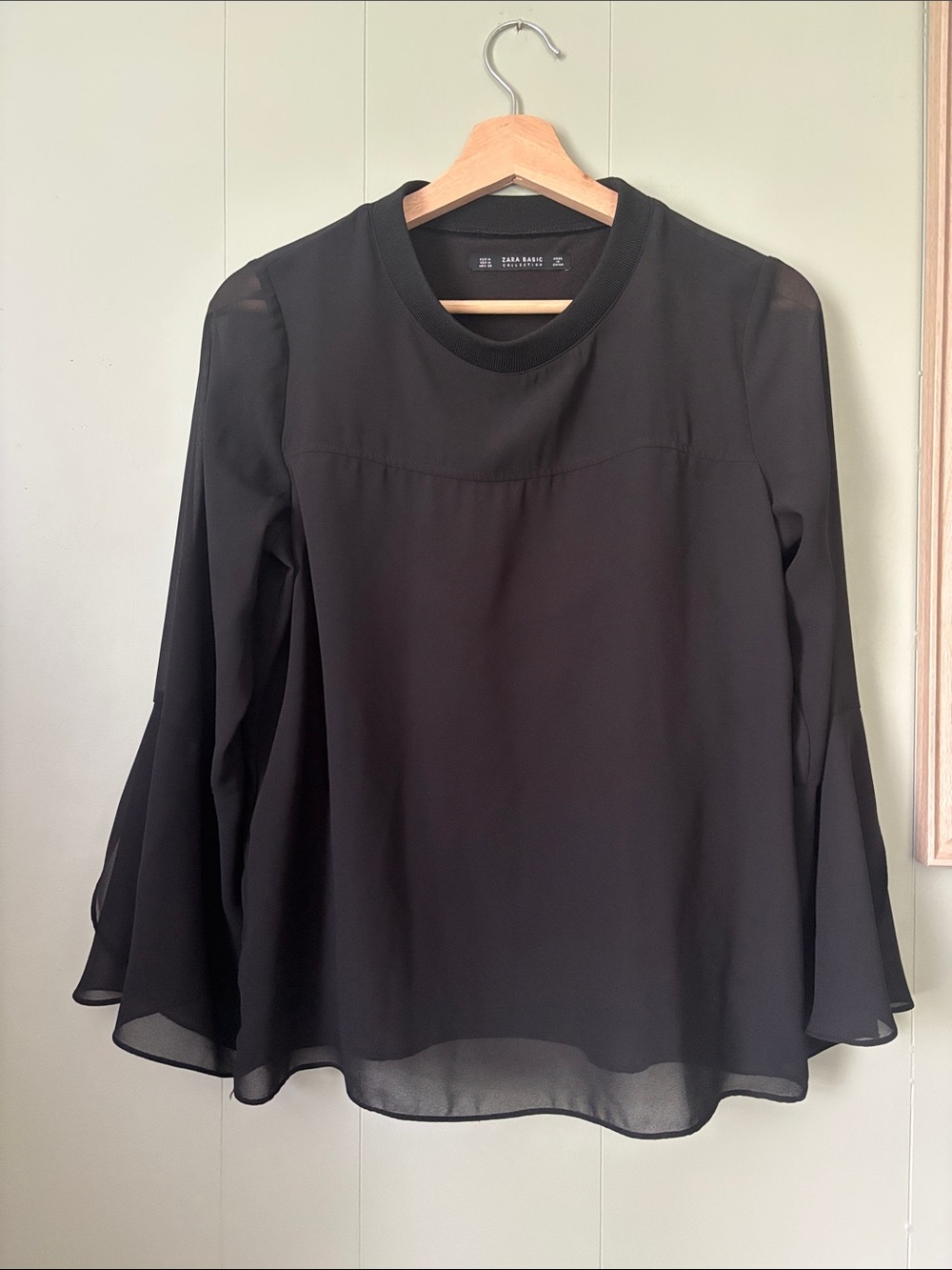 Zara Black Chiffon Bell-Sleeve Blouse